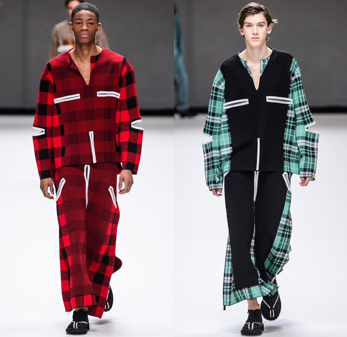 Craig Green 2019-2020 Fall Autumn Winter Mens Runway Looks - London Fashion Week Mens Collections UK - Zigzag Stitch Straps Knit Crochet Mesh Doily Embroidery Check Plaid Shirtdress Caftan Kaftan Slit Sleeves Incisions Lounge Sleepwear Two-Tone Outerwear Trench Coat Nylon Plastic Rainwear Parka Jacket Hoodie Cinched Fishscales Rope Tied Quilted Wide Leg Cargo Pants Utility Pockets Tassels Veil Headwear