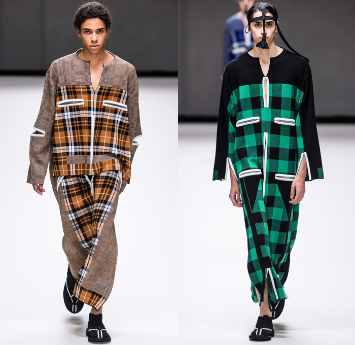 Craig Green 2019-2020 Fall Autumn Winter Mens Runway Looks - London Fashion Week Mens Collections UK - Zigzag Stitch Straps Knit Crochet Mesh Doily Embroidery Check Plaid Shirtdress Caftan Kaftan Slit Sleeves Incisions Lounge Sleepwear Two-Tone Outerwear Trench Coat Nylon Plastic Rainwear Parka Jacket Hoodie Cinched Fishscales Rope Tied Quilted Wide Leg Cargo Pants Utility Pockets Tassels Veil Headwear