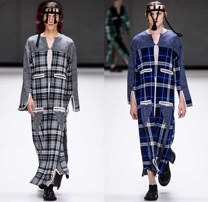 Craig Green 2019-2020 Fall Autumn Winter Mens Runway Looks - London Fashion Week Mens Collections UK - Zigzag Stitch Straps Knit Crochet Mesh Doily Embroidery Check Plaid Shirtdress Caftan Kaftan Slit Sleeves Incisions Lounge Sleepwear Two-Tone Outerwear Trench Coat Nylon Plastic Rainwear Parka Jacket Hoodie Cinched Fishscales Rope Tied Quilted Wide Leg Cargo Pants Utility Pockets Tassels Veil Headwear