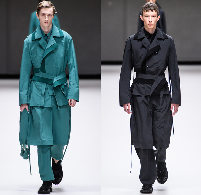 Craig Green 2019-2020 Fall Autumn Winter Mens Runway Looks - London Fashion Week Mens Collections UK - Zigzag Stitch Straps Knit Crochet Mesh Doily Embroidery Check Plaid Shirtdress Caftan Kaftan Slit Sleeves Incisions Lounge Sleepwear Two-Tone Outerwear Trench Coat Nylon Plastic Rainwear Parka Jacket Hoodie Cinched Fishscales Rope Tied Quilted Wide Leg Cargo Pants Utility Pockets Tassels Veil Headwear