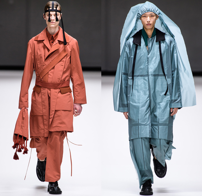 Craig Green 2019-2020 Fall Autumn Winter Mens Runway Looks - London Fashion Week Mens Collections UK - Zigzag Stitch Straps Knit Crochet Mesh Doily Embroidery Check Plaid Shirtdress Caftan Kaftan Slit Sleeves Incisions Lounge Sleepwear Two-Tone Outerwear Trench Coat Nylon Plastic Rainwear Parka Jacket Hoodie Cinched Fishscales Rope Tied Quilted Wide Leg Cargo Pants Utility Pockets Tassels Veil Headwear