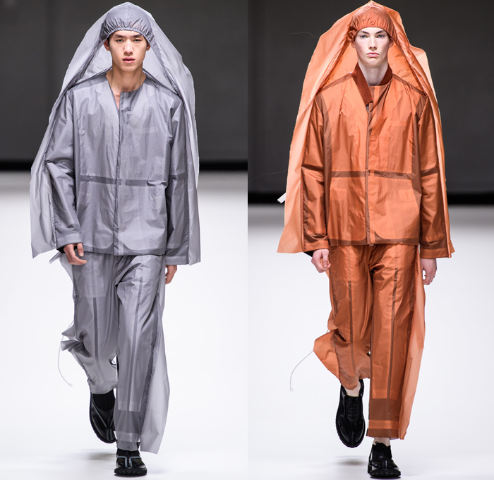 Craig Green 2019-2020 Fall Autumn Winter Mens Runway Looks - London Fashion Week Mens Collections UK - Zigzag Stitch Straps Knit Crochet Mesh Doily Embroidery Check Plaid Shirtdress Caftan Kaftan Slit Sleeves Incisions Lounge Sleepwear Two-Tone Outerwear Trench Coat Nylon Plastic Rainwear Parka Jacket Hoodie Cinched Fishscales Rope Tied Quilted Wide Leg Cargo Pants Utility Pockets Tassels Veil Headwear