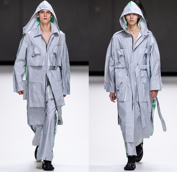 Craig Green 2019-2020 Fall Autumn Winter Mens Runway Looks - London Fashion Week Mens Collections UK - Zigzag Stitch Straps Knit Crochet Mesh Doily Embroidery Check Plaid Shirtdress Caftan Kaftan Slit Sleeves Incisions Lounge Sleepwear Two-Tone Outerwear Trench Coat Nylon Plastic Rainwear Parka Jacket Hoodie Cinched Fishscales Rope Tied Quilted Wide Leg Cargo Pants Utility Pockets Tassels Veil Headwear