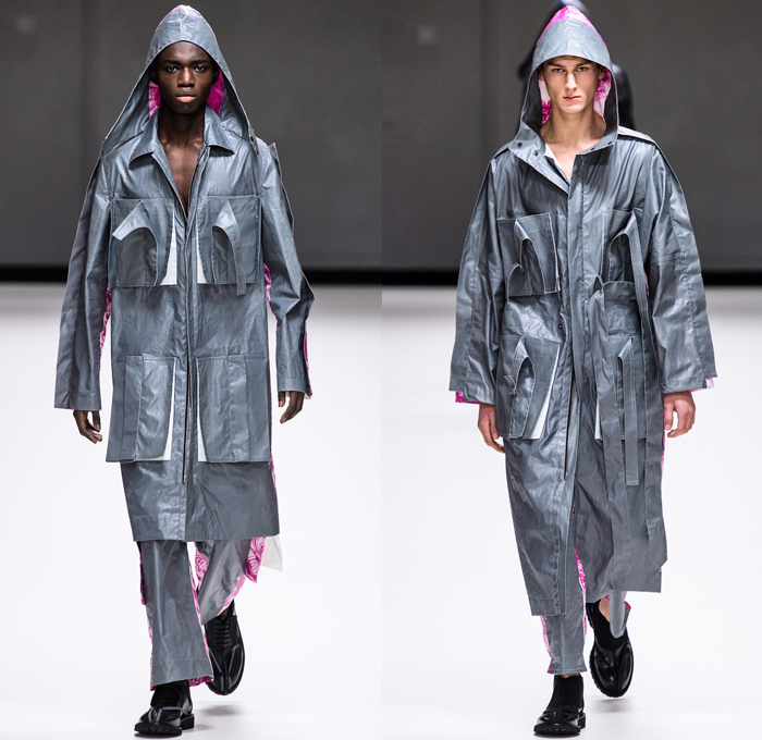 Craig Green 2019-2020 Fall Autumn Winter Mens Runway Looks - London Fashion Week Mens Collections UK - Zigzag Stitch Straps Knit Crochet Mesh Doily Embroidery Check Plaid Shirtdress Caftan Kaftan Slit Sleeves Incisions Lounge Sleepwear Two-Tone Outerwear Trench Coat Nylon Plastic Rainwear Parka Jacket Hoodie Cinched Fishscales Rope Tied Quilted Wide Leg Cargo Pants Utility Pockets Tassels Veil Headwear