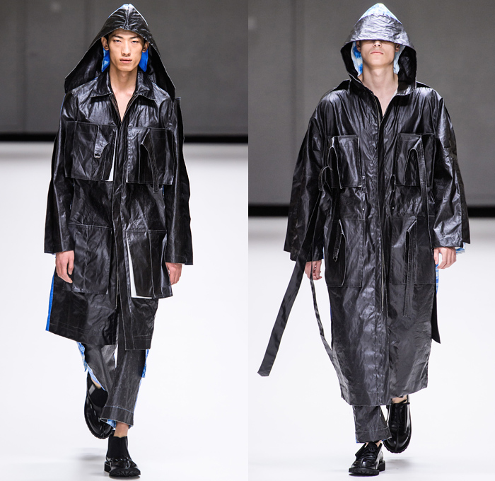 Craig Green 2019-2020 Fall Autumn Winter Mens Runway Looks - London Fashion Week Mens Collections UK - Zigzag Stitch Straps Knit Crochet Mesh Doily Embroidery Check Plaid Shirtdress Caftan Kaftan Slit Sleeves Incisions Lounge Sleepwear Two-Tone Outerwear Trench Coat Nylon Plastic Rainwear Parka Jacket Hoodie Cinched Fishscales Rope Tied Quilted Wide Leg Cargo Pants Utility Pockets Tassels Veil Headwear