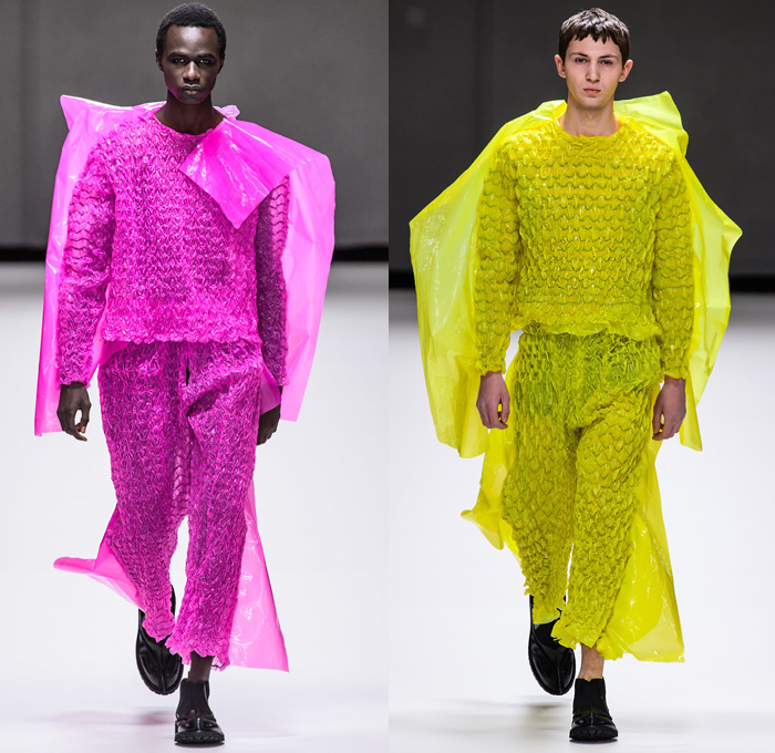 Craig Green 2019-2020 Fall Autumn Winter Mens Runway Looks - London Fashion Week Mens Collections UK - Zigzag Stitch Straps Knit Crochet Mesh Doily Embroidery Check Plaid Shirtdress Caftan Kaftan Slit Sleeves Incisions Lounge Sleepwear Two-Tone Outerwear Trench Coat Nylon Plastic Rainwear Parka Jacket Hoodie Cinched Fishscales Rope Tied Quilted Wide Leg Cargo Pants Utility Pockets Tassels Veil Headwear