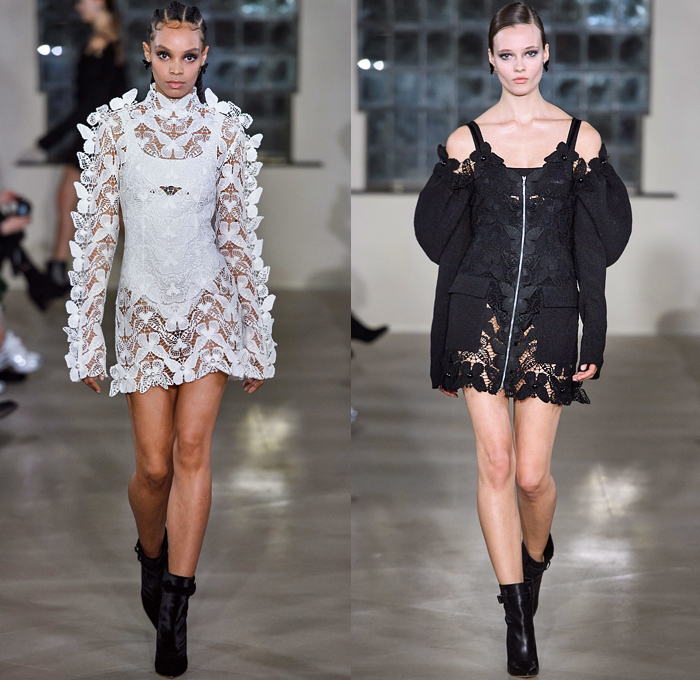 David Koma 2019-2020 Fall Autumn Winter Womens Runway Catwalk Looks - London Fashion Week Collections UK - Butterflies Wings Insects Snakes Motif Velvet Dress Gown Bedazzled Jewels Crystals Gemstones Adorned Lace Embroidery Cutwork Trompe L'oeil Cutout One Shoulder Pointed Leg O'Mutton Sleeves Cinched Waist Sheer Tulle Satin Ruffles Peplum Red Black Onesie Jumpsuit Coveralls Boiler Suit Cargo Utility Pockets Fur Turtleneck Harness Rings Mesh Mirrors Crop Top Skirt Boots
