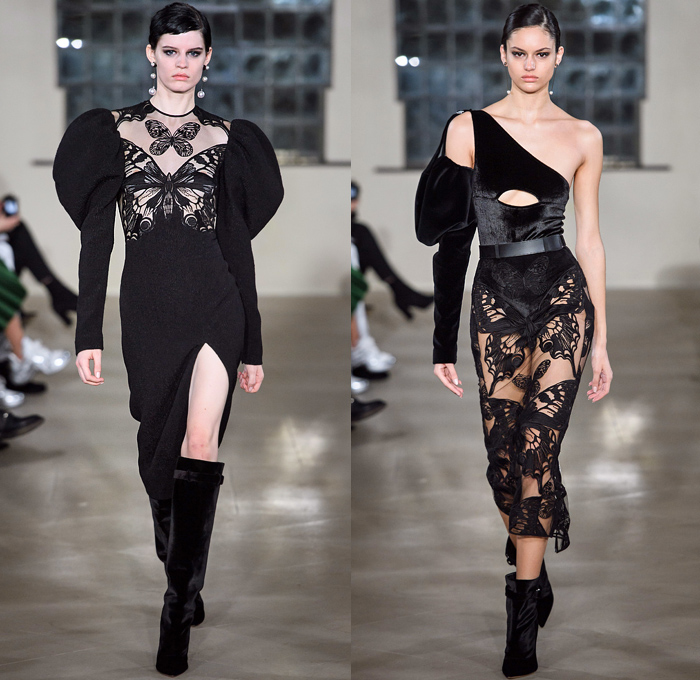 David Koma 2019-2020 Fall Autumn Winter Womens Runway Catwalk Looks - London Fashion Week Collections UK - Butterflies Wings Insects Snakes Motif Velvet Dress Gown Bedazzled Jewels Crystals Gemstones Adorned Lace Embroidery Cutwork Trompe L'oeil Cutout One Shoulder Pointed Leg O'Mutton Sleeves Cinched Waist Sheer Tulle Satin Ruffles Peplum Red Black Onesie Jumpsuit Coveralls Boiler Suit Cargo Utility Pockets Fur Turtleneck Harness Rings Mesh Mirrors Crop Top Skirt Boots