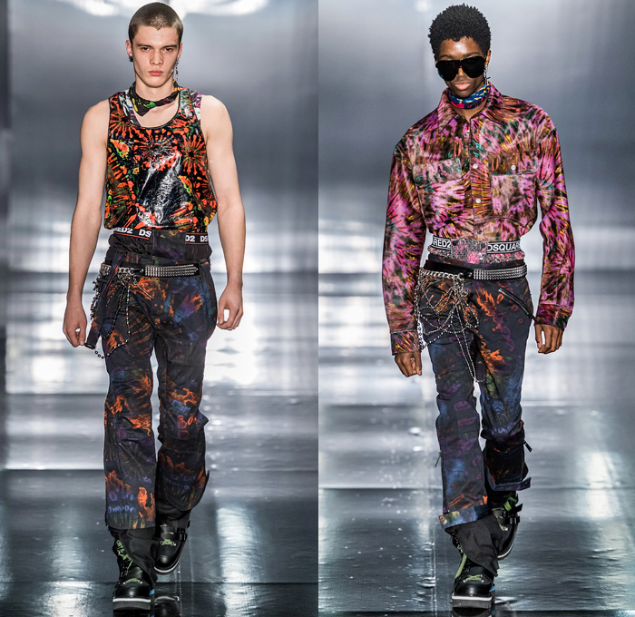 Dsquared2 2019-2020 Fall Autumn Winter Mens Runway Looks - Milano Moda Uomo Milan Fashion Week Italy - Psychedelic Hypnotic Rocker Grunge Nirvana Def Leppard Tie-Dye Snow Sport Nylon Bedazzled Sequins Studs Chain Rosary Tanktop Western Shirt Fringes Plaid Check Suit Blazer Knit Cardigan Outerwear Quilted Puffer Parka Metallic Coated Fur Shearling Boxer Shorts Snakeskin Python Knee Panels Boots Sunglasses Scarf