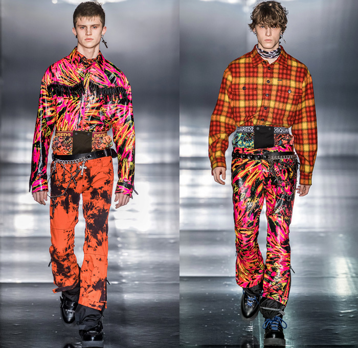 Dsquared2 2019-2020 Fall Autumn Winter Mens Runway Looks - Milano Moda Uomo Milan Fashion Week Italy - Psychedelic Hypnotic Rocker Grunge Nirvana Def Leppard Tie-Dye Snow Sport Nylon Bedazzled Sequins Studs Chain Rosary Tanktop Western Shirt Fringes Plaid Check Suit Blazer Knit Cardigan Outerwear Quilted Puffer Parka Metallic Coated Fur Shearling Boxer Shorts Snakeskin Python Knee Panels Boots Sunglasses Scarf