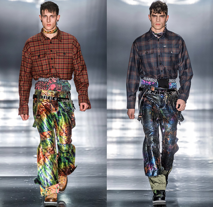 Dsquared2 2019-2020 Fall Autumn Winter Mens Runway Looks - Milano Moda Uomo Milan Fashion Week Italy - Psychedelic Hypnotic Rocker Grunge Nirvana Def Leppard Tie-Dye Snow Sport Nylon Bedazzled Sequins Studs Chain Rosary Tanktop Western Shirt Fringes Plaid Check Suit Blazer Knit Cardigan Outerwear Quilted Puffer Parka Metallic Coated Fur Shearling Boxer Shorts Snakeskin Python Knee Panels Boots Sunglasses Scarf