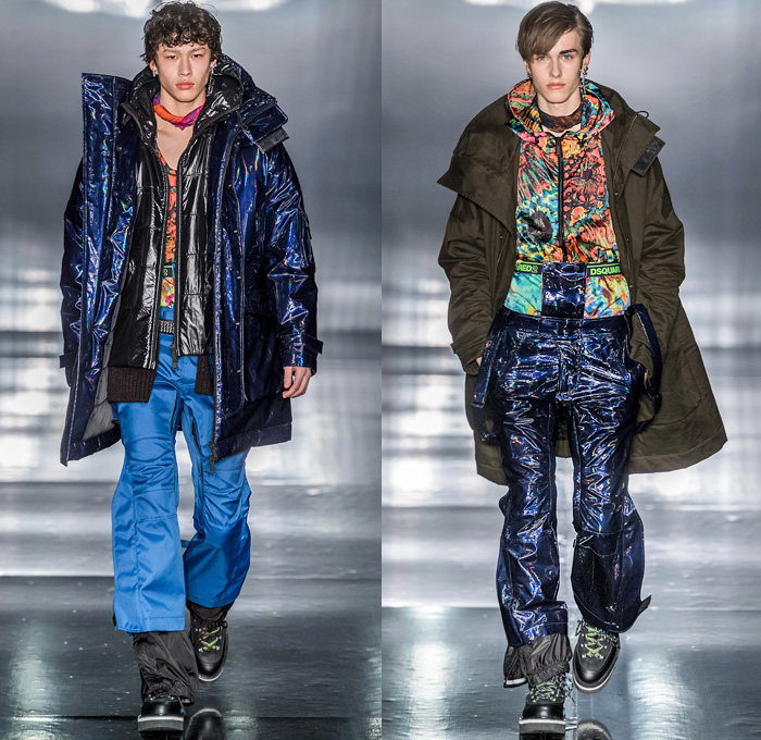 Dsquared2 2019-2020 Fall Autumn Winter Mens Runway Looks - Milano Moda Uomo Milan Fashion Week Italy - Psychedelic Hypnotic Rocker Grunge Nirvana Def Leppard Tie-Dye Snow Sport Nylon Bedazzled Sequins Studs Chain Rosary Tanktop Western Shirt Fringes Plaid Check Suit Blazer Knit Cardigan Outerwear Quilted Puffer Parka Metallic Coated Fur Shearling Boxer Shorts Snakeskin Python Knee Panels Boots Sunglasses Scarf