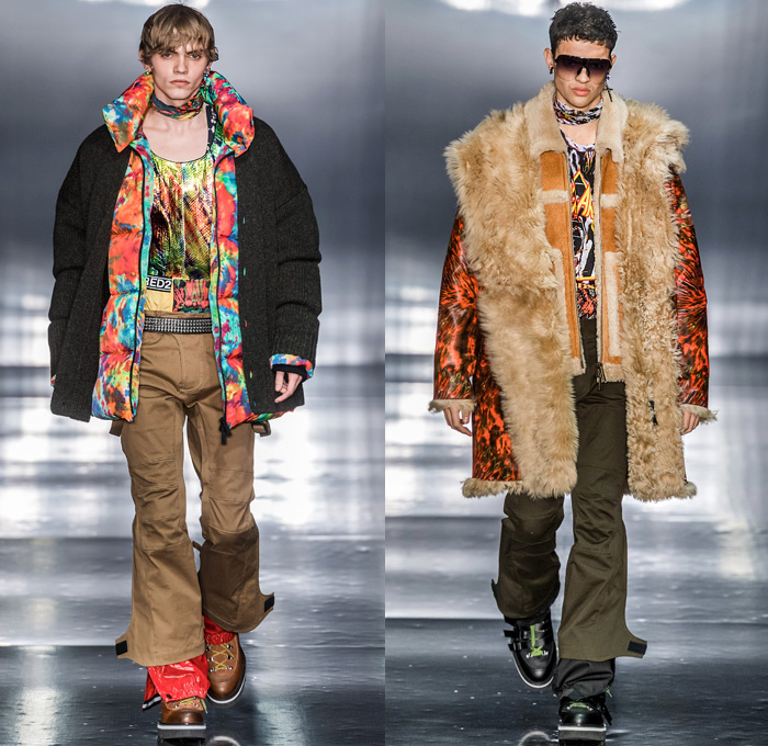 Dsquared2 2019-2020 Fall Autumn Winter Mens Runway Looks - Milano Moda Uomo Milan Fashion Week Italy - Psychedelic Hypnotic Rocker Grunge Nirvana Def Leppard Tie-Dye Snow Sport Nylon Bedazzled Sequins Studs Chain Rosary Tanktop Western Shirt Fringes Plaid Check Suit Blazer Knit Cardigan Outerwear Quilted Puffer Parka Metallic Coated Fur Shearling Boxer Shorts Snakeskin Python Knee Panels Boots Sunglasses Scarf