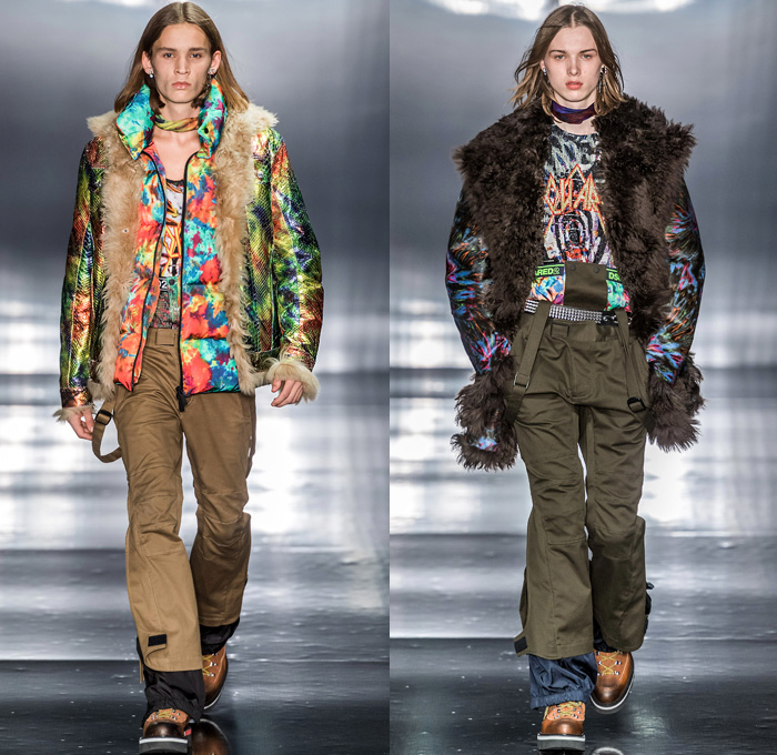 Dsquared2 2019-2020 Fall Autumn Winter Mens Runway Looks - Milano Moda Uomo Milan Fashion Week Italy - Psychedelic Hypnotic Rocker Grunge Nirvana Def Leppard Tie-Dye Snow Sport Nylon Bedazzled Sequins Studs Chain Rosary Tanktop Western Shirt Fringes Plaid Check Suit Blazer Knit Cardigan Outerwear Quilted Puffer Parka Metallic Coated Fur Shearling Boxer Shorts Snakeskin Python Knee Panels Boots Sunglasses Scarf