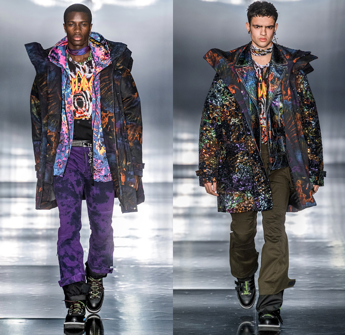 Dsquared2 2019-2020 Fall Autumn Winter Mens Runway Looks - Milano Moda Uomo Milan Fashion Week Italy - Psychedelic Hypnotic Rocker Grunge Nirvana Def Leppard Tie-Dye Snow Sport Nylon Bedazzled Sequins Studs Chain Rosary Tanktop Western Shirt Fringes Plaid Check Suit Blazer Knit Cardigan Outerwear Quilted Puffer Parka Metallic Coated Fur Shearling Boxer Shorts Snakeskin Python Knee Panels Boots Sunglasses Scarf