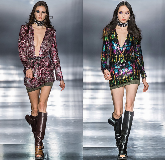 Dsquared2 2019-2020 Fall Autumn Winter Womens Runway Looks - Milano Moda Uomo Milan Fashion Week Italy - Psychedelic Hypnotic Rocker Grunge Nirvana Def Leppard Tie-Dye Bedazzled Sequins Fringes Low Neckline Dress Choker Tanktop Boxer Shorts Studs Chain Miniskirt Fur Shearling Coat Jacket Nylon Panel Hem Knit Cardigan Snakeskin Python Plaid Check Handbag Gladiator Utility Pouch Boots