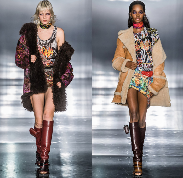 Dsquared2 2019-2020 Fall Autumn Winter Womens Runway Looks - Milano Moda Uomo Milan Fashion Week Italy - Psychedelic Hypnotic Rocker Grunge Nirvana Def Leppard Tie-Dye Bedazzled Sequins Fringes Low Neckline Dress Choker Tanktop Boxer Shorts Studs Chain Miniskirt Fur Shearling Coat Jacket Nylon Panel Hem Knit Cardigan Snakeskin Python Plaid Check Handbag Gladiator Utility Pouch Boots