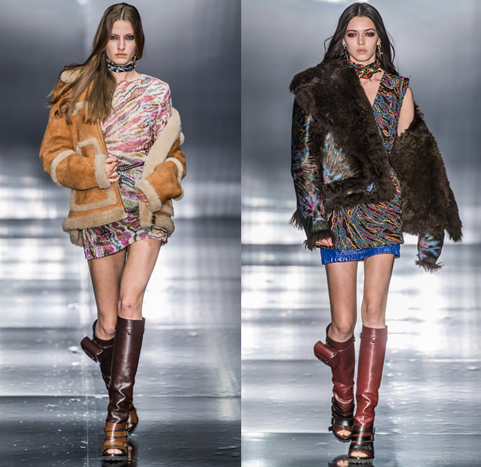 Dsquared2 2019-2020 Fall Autumn Winter Womens Runway Looks - Milano Moda Uomo Milan Fashion Week Italy - Psychedelic Hypnotic Rocker Grunge Nirvana Def Leppard Tie-Dye Bedazzled Sequins Fringes Low Neckline Dress Choker Tanktop Boxer Shorts Studs Chain Miniskirt Fur Shearling Coat Jacket Nylon Panel Hem Knit Cardigan Snakeskin Python Plaid Check Handbag Gladiator Utility Pouch Boots