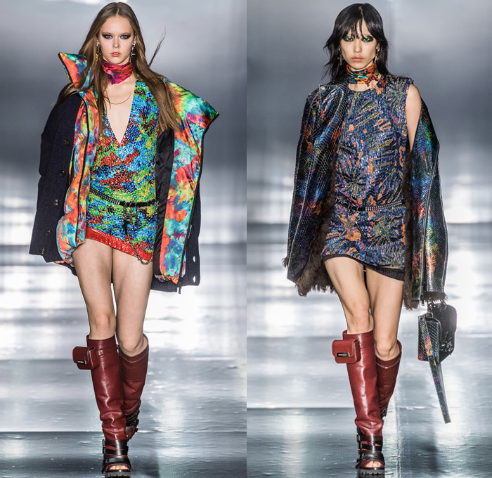 Dsquared2 2019-2020 Fall Autumn Winter Womens Runway Looks - Milano Moda Uomo Milan Fashion Week Italy - Psychedelic Hypnotic Rocker Grunge Nirvana Def Leppard Tie-Dye Bedazzled Sequins Fringes Low Neckline Dress Choker Tanktop Boxer Shorts Studs Chain Miniskirt Fur Shearling Coat Jacket Nylon Panel Hem Knit Cardigan Snakeskin Python Plaid Check Handbag Gladiator Utility Pouch Boots