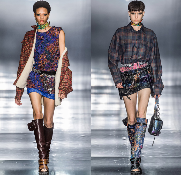 Dsquared2 2019-2020 Fall Autumn Winter Womens Runway Looks - Milano Moda Uomo Milan Fashion Week Italy - Psychedelic Hypnotic Rocker Grunge Nirvana Def Leppard Tie-Dye Bedazzled Sequins Fringes Low Neckline Dress Choker Tanktop Boxer Shorts Studs Chain Miniskirt Fur Shearling Coat Jacket Nylon Panel Hem Knit Cardigan Snakeskin Python Plaid Check Handbag Gladiator Utility Pouch Boots