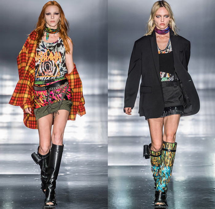 Dsquared2 2019-2020 Fall Autumn Winter Womens Runway Looks - Milano Moda Uomo Milan Fashion Week Italy - Psychedelic Hypnotic Rocker Grunge Nirvana Def Leppard Tie-Dye Bedazzled Sequins Fringes Low Neckline Dress Choker Tanktop Boxer Shorts Studs Chain Miniskirt Fur Shearling Coat Jacket Nylon Panel Hem Knit Cardigan Snakeskin Python Plaid Check Handbag Gladiator Utility Pouch Boots