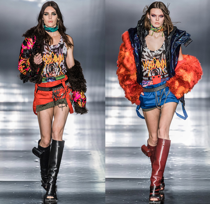 Dsquared2 2019-2020 Fall Autumn Winter Womens Runway Looks - Milano Moda Uomo Milan Fashion Week Italy - Psychedelic Hypnotic Rocker Grunge Nirvana Def Leppard Tie-Dye Bedazzled Sequins Fringes Low Neckline Dress Choker Tanktop Boxer Shorts Studs Chain Miniskirt Fur Shearling Coat Jacket Nylon Panel Hem Knit Cardigan Snakeskin Python Plaid Check Handbag Gladiator Utility Pouch Boots