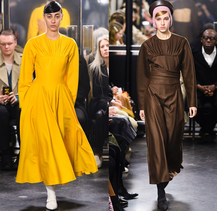 Emilia Wickstead 2019-2020 Fall Autumn Winter Womens Runway Catwalk Looks - London Fashion Week Collections UK - Mary Corleone The Godfather Sicilian Knit Cap Headwear Habit Bow Crochet Gloves Pleats Cinch Onesie Jumpsuit Silk Satin Shirtdress Strapless Dress Gown Leg O'Mutton Wide Sleeves Low Neckline Pearls Embroidery Herringbone Check Leopard Flowers Floral Decorative Art Print Pantsuit Coat Handbag Clutch