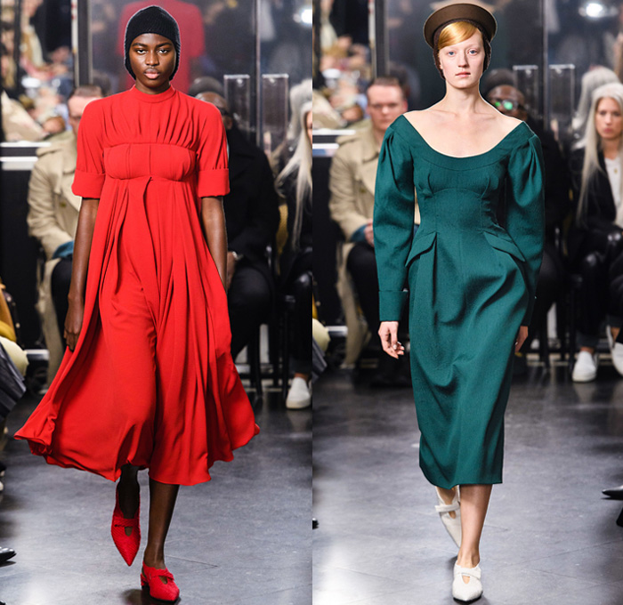 Emilia Wickstead 2019-2020 Fall Autumn Winter Womens Runway Catwalk Looks - London Fashion Week Collections UK - Mary Corleone The Godfather Sicilian Knit Cap Headwear Habit Bow Crochet Gloves Pleats Cinch Onesie Jumpsuit Silk Satin Shirtdress Strapless Dress Gown Leg O'Mutton Wide Sleeves Low Neckline Pearls Embroidery Herringbone Check Leopard Flowers Floral Decorative Art Print Pantsuit Coat Handbag Clutch