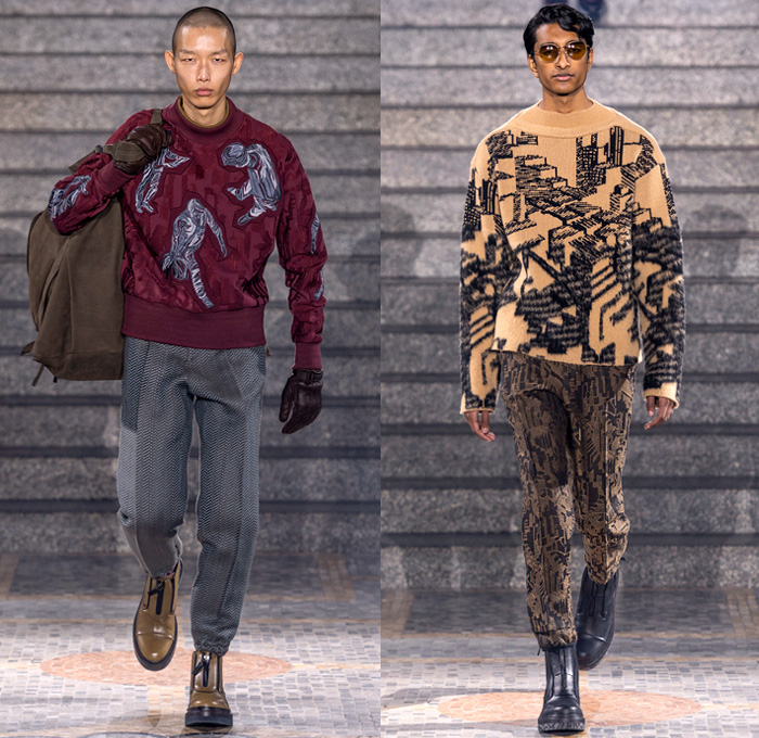 Ermenegildo Zegna XXX 2019-2020 Fall Autumn Winter Mens Runway Looks - Milano Moda Uomo Milan Fashion Week Italy - Couture Streetwear Knit Sweater Cardigan Walking Men Geometric Graphic Fur Plush Sweatshirt Outerwear Coat Quilted Puffer Down Parka Jacket Cargo Utility Pockets Corduroy Plaid Check Wide Band Single Button Boxy Blazer Suit Wool Necktie Slim Tapered Pants Leg Straps Aviator Ear Flap Shooting Hat Gloves Sunglasses Duffel Pyramid Bag Cesare Sneakers Boots