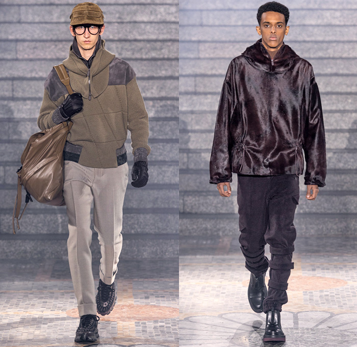 Ermenegildo Zegna XXX 2019-2020 Fall Autumn Winter Mens Runway Looks - Milano Moda Uomo Milan Fashion Week Italy - Couture Streetwear Knit Sweater Cardigan Walking Men Geometric Graphic Fur Plush Sweatshirt Outerwear Coat Quilted Puffer Down Parka Jacket Cargo Utility Pockets Corduroy Plaid Check Wide Band Single Button Boxy Blazer Suit Wool Necktie Slim Tapered Pants Leg Straps Aviator Ear Flap Shooting Hat Gloves Sunglasses Duffel Pyramid Bag Cesare Sneakers Boots