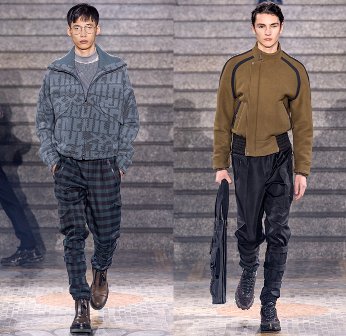 Ermenegildo Zegna XXX 2019-2020 Fall Autumn Winter Mens Runway Looks - Milano Moda Uomo Milan Fashion Week Italy - Couture Streetwear Knit Sweater Cardigan Walking Men Geometric Graphic Fur Plush Sweatshirt Outerwear Coat Quilted Puffer Down Parka Jacket Cargo Utility Pockets Corduroy Plaid Check Wide Band Single Button Boxy Blazer Suit Wool Necktie Slim Tapered Pants Leg Straps Aviator Ear Flap Shooting Hat Gloves Sunglasses Duffel Pyramid Bag Cesare Sneakers Boots