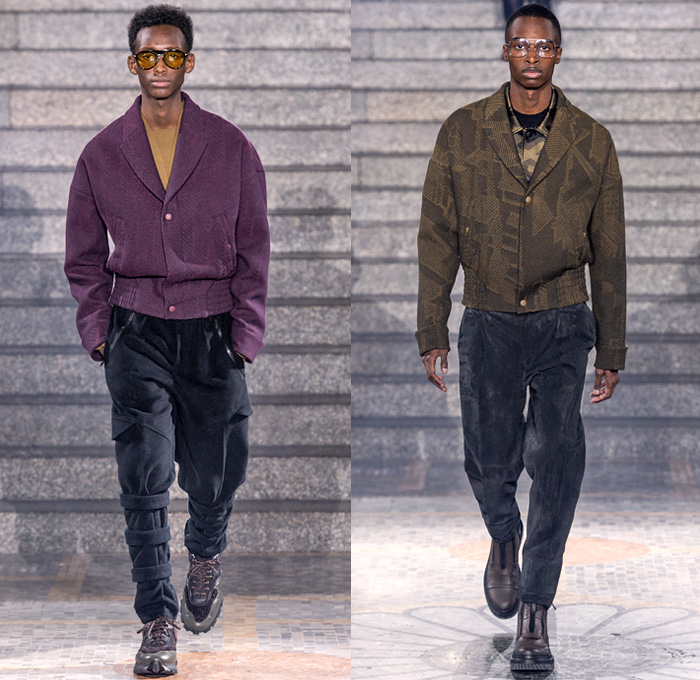 Ermenegildo Zegna XXX 2019-2020 Fall Autumn Winter Mens Runway Looks - Milano Moda Uomo Milan Fashion Week Italy - Couture Streetwear Knit Sweater Cardigan Walking Men Geometric Graphic Fur Plush Sweatshirt Outerwear Coat Quilted Puffer Down Parka Jacket Cargo Utility Pockets Corduroy Plaid Check Wide Band Single Button Boxy Blazer Suit Wool Necktie Slim Tapered Pants Leg Straps Aviator Ear Flap Shooting Hat Gloves Sunglasses Duffel Pyramid Bag Cesare Sneakers Boots