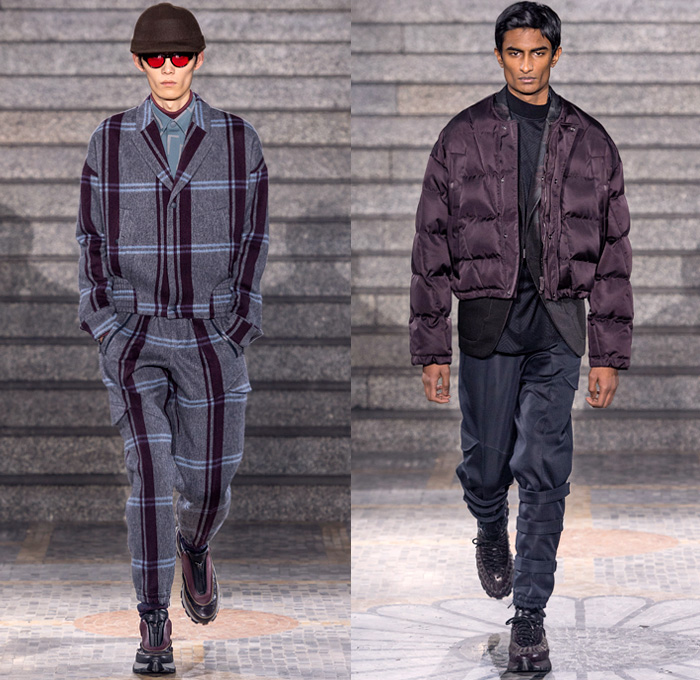 Ermenegildo Zegna XXX 2019-2020 Fall Autumn Winter Mens Runway Looks - Milano Moda Uomo Milan Fashion Week Italy - Couture Streetwear Knit Sweater Cardigan Walking Men Geometric Graphic Fur Plush Sweatshirt Outerwear Coat Quilted Puffer Down Parka Jacket Cargo Utility Pockets Corduroy Plaid Check Wide Band Single Button Boxy Blazer Suit Wool Necktie Slim Tapered Pants Leg Straps Aviator Ear Flap Shooting Hat Gloves Sunglasses Duffel Pyramid Bag Cesare Sneakers Boots