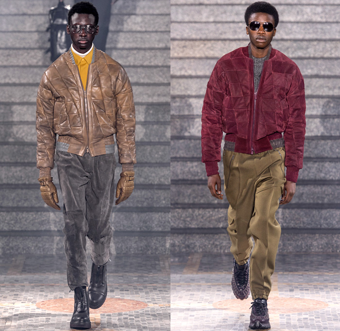 Ermenegildo Zegna XXX 2019-2020 Fall Autumn Winter Mens Runway Looks - Milano Moda Uomo Milan Fashion Week Italy - Couture Streetwear Knit Sweater Cardigan Walking Men Geometric Graphic Fur Plush Sweatshirt Outerwear Coat Quilted Puffer Down Parka Jacket Cargo Utility Pockets Corduroy Plaid Check Wide Band Single Button Boxy Blazer Suit Wool Necktie Slim Tapered Pants Leg Straps Aviator Ear Flap Shooting Hat Gloves Sunglasses Duffel Pyramid Bag Cesare Sneakers Boots