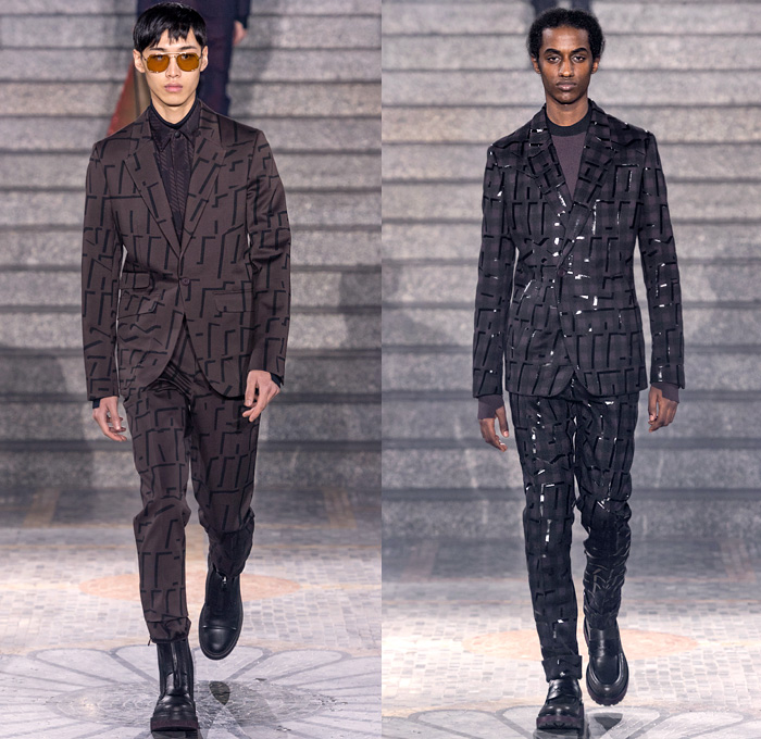 Ermenegildo Zegna XXX 2019-2020 Fall Autumn Winter Mens Runway Looks - Milano Moda Uomo Milan Fashion Week Italy - Couture Streetwear Knit Sweater Cardigan Walking Men Geometric Graphic Fur Plush Sweatshirt Outerwear Coat Quilted Puffer Down Parka Jacket Cargo Utility Pockets Corduroy Plaid Check Wide Band Single Button Boxy Blazer Suit Wool Necktie Slim Tapered Pants Leg Straps Aviator Ear Flap Shooting Hat Gloves Sunglasses Duffel Pyramid Bag Cesare Sneakers Boots