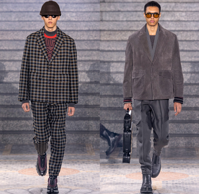 Ermenegildo Zegna XXX 2019-2020 Fall Autumn Winter Mens Runway Looks - Milano Moda Uomo Milan Fashion Week Italy - Couture Streetwear Knit Sweater Cardigan Walking Men Geometric Graphic Fur Plush Sweatshirt Outerwear Coat Quilted Puffer Down Parka Jacket Cargo Utility Pockets Corduroy Plaid Check Wide Band Single Button Boxy Blazer Suit Wool Necktie Slim Tapered Pants Leg Straps Aviator Ear Flap Shooting Hat Gloves Sunglasses Duffel Pyramid Bag Cesare Sneakers Boots