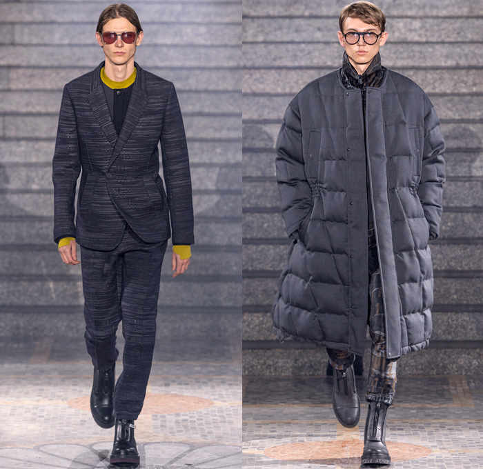 Ermenegildo Zegna XXX 2019-2020 Fall Autumn Winter Mens Runway Looks - Milano Moda Uomo Milan Fashion Week Italy - Couture Streetwear Knit Sweater Cardigan Walking Men Geometric Graphic Fur Plush Sweatshirt Outerwear Coat Quilted Puffer Down Parka Jacket Cargo Utility Pockets Corduroy Plaid Check Wide Band Single Button Boxy Blazer Suit Wool Necktie Slim Tapered Pants Leg Straps Aviator Ear Flap Shooting Hat Gloves Sunglasses Duffel Pyramid Bag Cesare Sneakers Boots