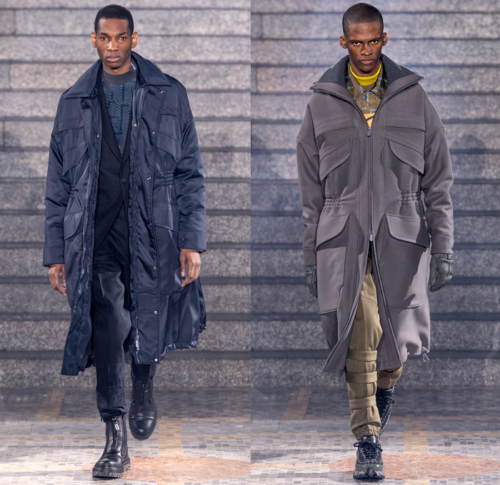 Ermenegildo Zegna XXX 2019-2020 Fall Autumn Winter Mens Runway Looks - Milano Moda Uomo Milan Fashion Week Italy - Couture Streetwear Knit Sweater Cardigan Walking Men Geometric Graphic Fur Plush Sweatshirt Outerwear Coat Quilted Puffer Down Parka Jacket Cargo Utility Pockets Corduroy Plaid Check Wide Band Single Button Boxy Blazer Suit Wool Necktie Slim Tapered Pants Leg Straps Aviator Ear Flap Shooting Hat Gloves Sunglasses Duffel Pyramid Bag Cesare Sneakers Boots