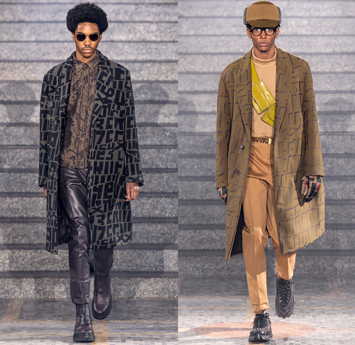 Ermenegildo Zegna XXX 2019-2020 Fall Autumn Winter Mens Runway Looks - Milano Moda Uomo Milan Fashion Week Italy - Couture Streetwear Knit Sweater Cardigan Walking Men Geometric Graphic Fur Plush Sweatshirt Outerwear Coat Quilted Puffer Down Parka Jacket Cargo Utility Pockets Corduroy Plaid Check Wide Band Single Button Boxy Blazer Suit Wool Necktie Slim Tapered Pants Leg Straps Aviator Ear Flap Shooting Hat Gloves Sunglasses Duffel Pyramid Bag Cesare Sneakers Boots