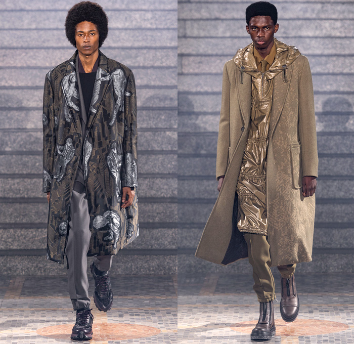 Ermenegildo Zegna XXX 2019-2020 Fall Autumn Winter Mens Runway Looks - Milano Moda Uomo Milan Fashion Week Italy - Couture Streetwear Knit Sweater Cardigan Walking Men Geometric Graphic Fur Plush Sweatshirt Outerwear Coat Quilted Puffer Down Parka Jacket Cargo Utility Pockets Corduroy Plaid Check Wide Band Single Button Boxy Blazer Suit Wool Necktie Slim Tapered Pants Leg Straps Aviator Ear Flap Shooting Hat Gloves Sunglasses Duffel Pyramid Bag Cesare Sneakers Boots