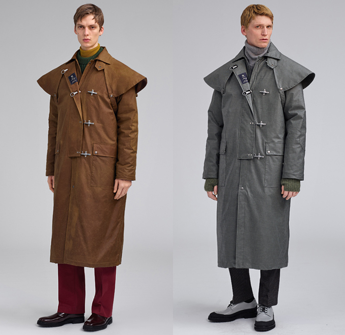 Fay 2019-2020 Fall Autumn Winter Mens Lookbook Presentation Arthur Arbesser - Milano Moda Donna Collezione Milan Fashion Week Italy - Firefighter Hooks Outerwear Military Nautical Navy Marine Trench Coat Cap Sleeve Parka Hoodie Anorak Quilted Puffer Knit Turtleneck Wool Fleece Polished Leather Velvet Corduroy Pants Messenger Bag