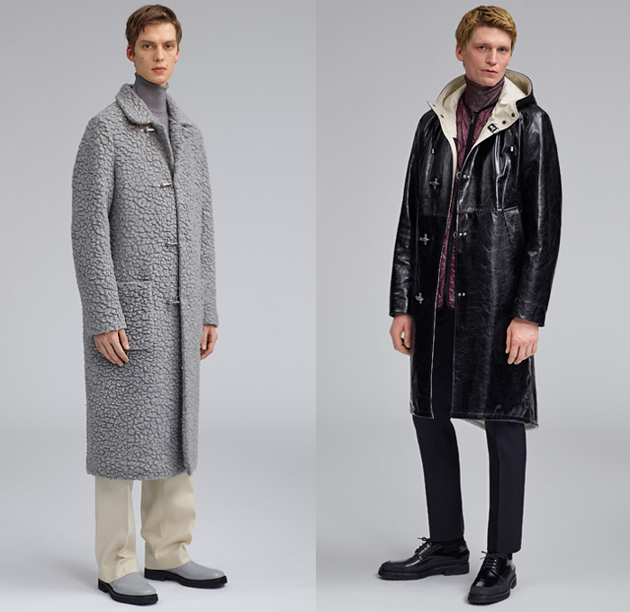 Fay 2019-2020 Fall Autumn Winter Mens Lookbook Presentation Arthur Arbesser - Milano Moda Donna Collezione Milan Fashion Week Italy - Firefighter Hooks Outerwear Military Nautical Navy Marine Trench Coat Cap Sleeve Parka Hoodie Anorak Quilted Puffer Knit Turtleneck Wool Fleece Polished Leather Velvet Corduroy Pants Messenger Bag