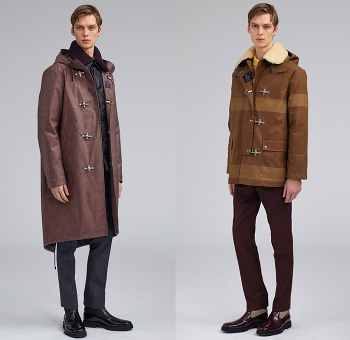 Fay 2019-2020 Fall Autumn Winter Mens Lookbook Presentation Arthur Arbesser - Milano Moda Donna Collezione Milan Fashion Week Italy - Firefighter Hooks Outerwear Military Nautical Navy Marine Trench Coat Cap Sleeve Parka Hoodie Anorak Quilted Puffer Knit Turtleneck Wool Fleece Polished Leather Velvet Corduroy Pants Messenger Bag