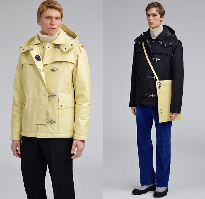 Fay 2019-2020 Fall Autumn Winter Mens Lookbook Presentation Arthur Arbesser - Milano Moda Donna Collezione Milan Fashion Week Italy - Firefighter Hooks Outerwear Military Nautical Navy Marine Trench Coat Cap Sleeve Parka Hoodie Anorak Quilted Puffer Knit Turtleneck Wool Fleece Polished Leather Velvet Corduroy Pants Messenger Bag