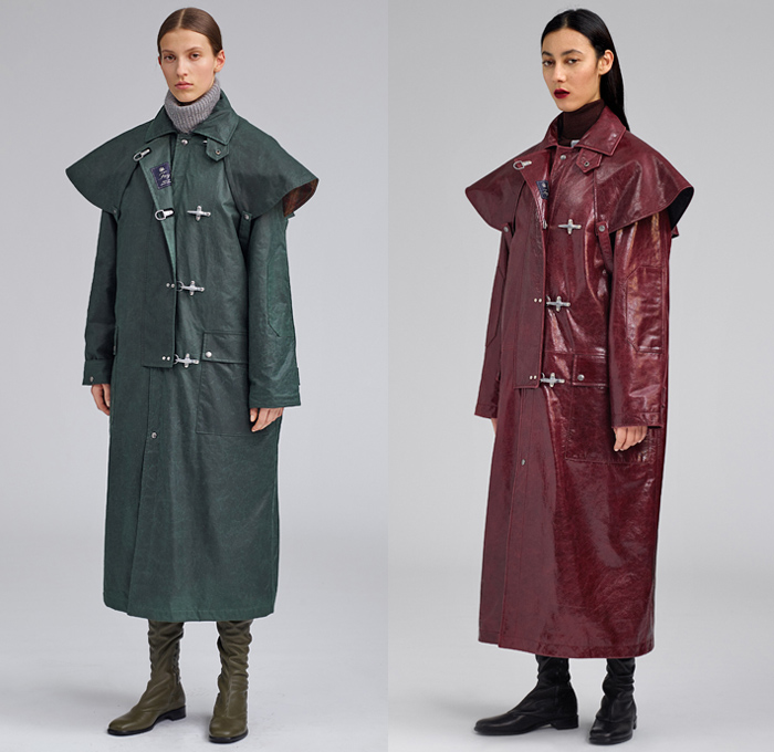 Fay 2019-2020 Fall Autumn Winter Womens Lookbook Presentation Arthur Arbesser - Milano Moda Donna Collezione Milan Fashion Week Italy - Firefighter Hooks Outerwear Military Trench Coat Cap Sleeve Quilted Puffer Parka Anorak Vest Gilet Crop Top Knit Turtleneck Tabard Check Wool Fleece Polished Leather Velvet Skirt Scarf Fanny Pack Waist Pouch Belt Bum Bag Thigh High Boots