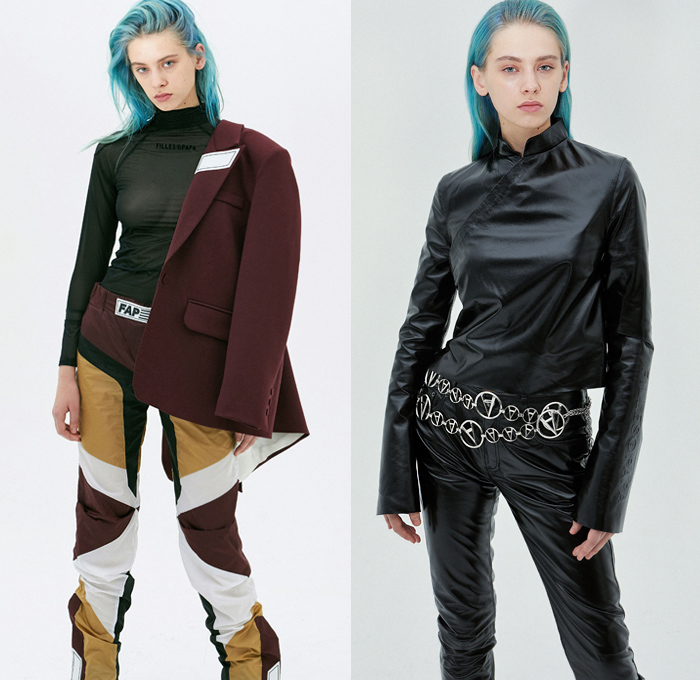 Filles à Papa 2019-2020 Fall Autumn Winter Womens Lookbook Presentation - Motocross MX Motorcycle Biker Rider Mud Wrestling Tomboy Denim Jeans Fur Shearling Vest Fishnet Flowers Floral Dress Knit Turtleneck Cutout Shoulders Camouflage Cargo Utility Pockets Metallic Stars Unitard Jogger Sweatpants Tulle Bedazzled Sequins Wide Leg Palazzo Pants Check Plaid Blazer Polka Dots Pantsuit Boots