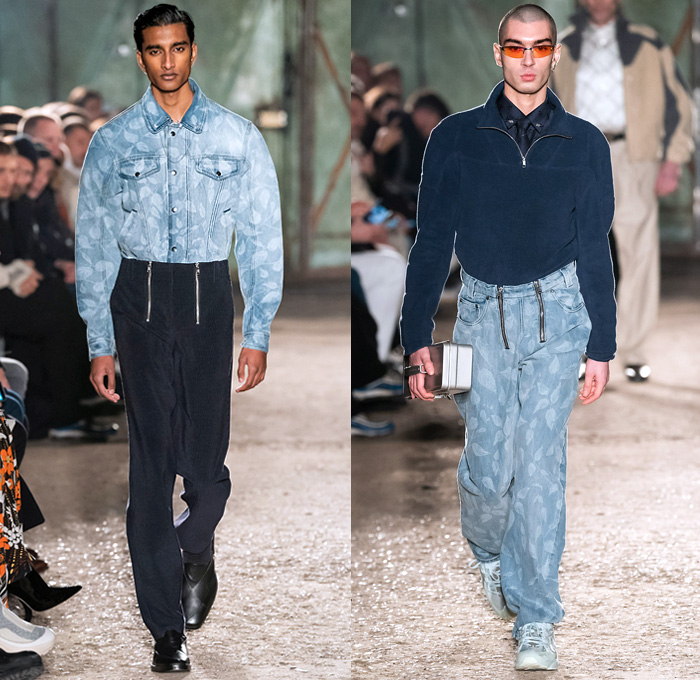 GmbH 2019-2020 Fall Autumn Winter Mens Runway Show Looks - Mode à Paris Fashion Week Mode Masculine France - Rare Earth Botanical Vines Leaves Foliage Print Turtleneck Sweater Denim Jeans Paint Smudges Sweatshirt Cargo Pockets Quilted Puffer Trench Coat Parka Holster Shoulder Blazer Bomber Jacket Motorcycle Biker Panels Double Zipper Pants Tin Can Box Trainers