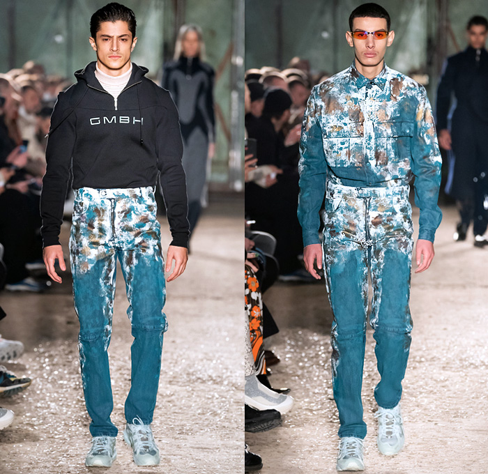 GmbH 2019-2020 Fall Autumn Winter Mens Runway Show Looks - Mode à Paris Fashion Week Mode Masculine France - Rare Earth Botanical Vines Leaves Foliage Print Turtleneck Sweater Denim Jeans Paint Smudges Sweatshirt Cargo Pockets Quilted Puffer Trench Coat Parka Holster Shoulder Blazer Bomber Jacket Motorcycle Biker Panels Double Zipper Pants Tin Can Box Trainers