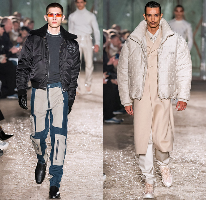 GmbH 2019-2020 Fall Autumn Winter Mens Runway Show Looks - Mode à Paris Fashion Week Mode Masculine France - Rare Earth Botanical Vines Leaves Foliage Print Turtleneck Sweater Denim Jeans Paint Smudges Sweatshirt Cargo Pockets Quilted Puffer Trench Coat Parka Holster Shoulder Blazer Bomber Jacket Motorcycle Biker Panels Double Zipper Pants Tin Can Box Trainers