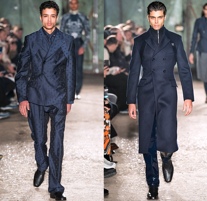 GmbH 2019-2020 Fall Autumn Winter Mens Runway Show Looks - Mode à Paris Fashion Week Mode Masculine France - Rare Earth Botanical Vines Leaves Foliage Print Turtleneck Sweater Denim Jeans Paint Smudges Sweatshirt Cargo Pockets Quilted Puffer Trench Coat Parka Holster Shoulder Blazer Bomber Jacket Motorcycle Biker Panels Double Zipper Pants Tin Can Box Trainers